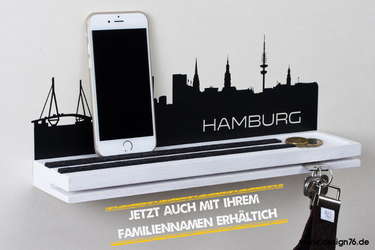 Schlüsselbrett mit Vertiefung und Hamburg Skyline - modern - Ablage smartphone - Buchenholz weiß