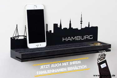 Schlüsselbrett mit Vertiefung und Hamburg Skyline - modern - Ablage smartphone - Buchenholz schwarz